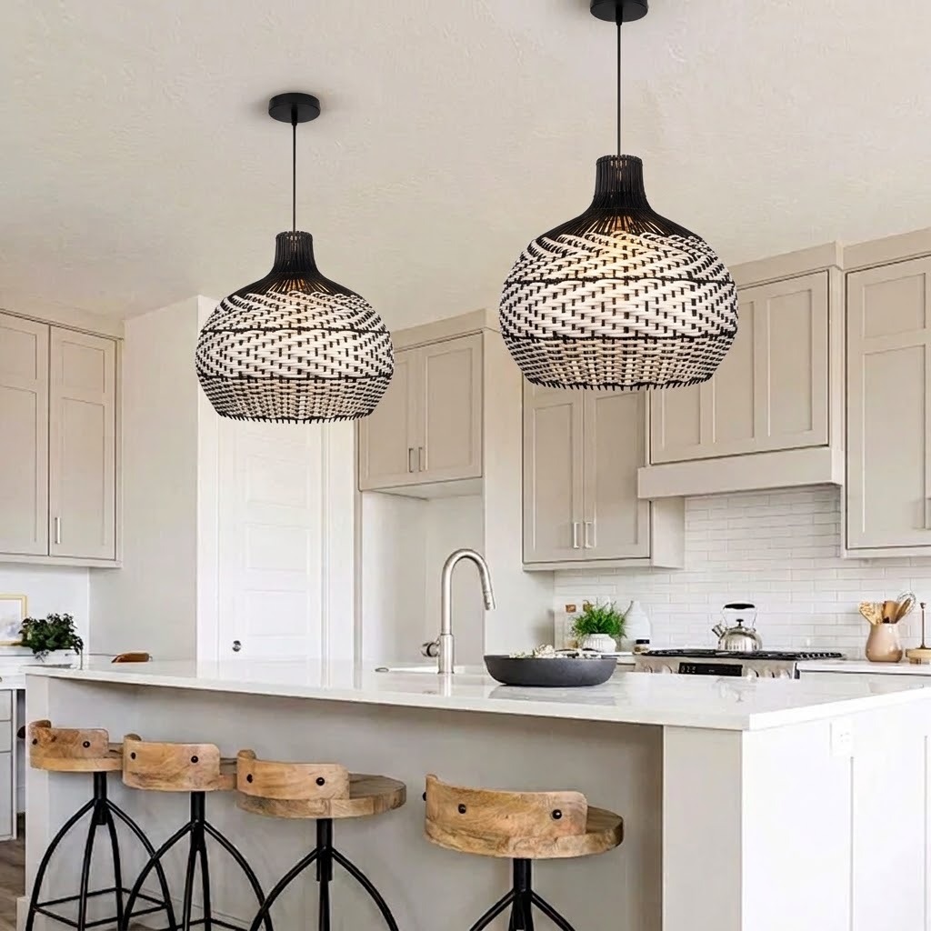 Black & White Woven Rattan Pendant Light – Boho Dome Lighting for Kitchen & Dining