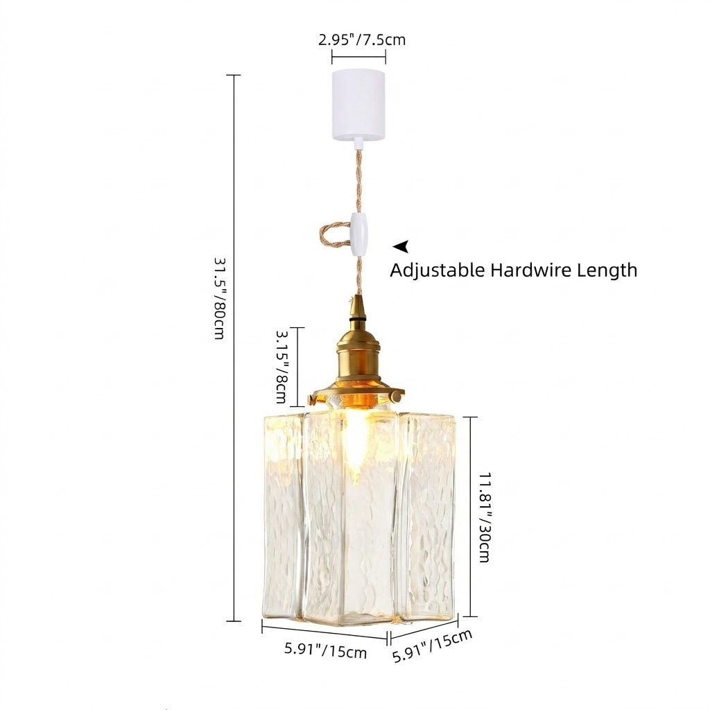 Modern Handblown Glass Pendant Light - Vintage Brass Square Hanging Lamp