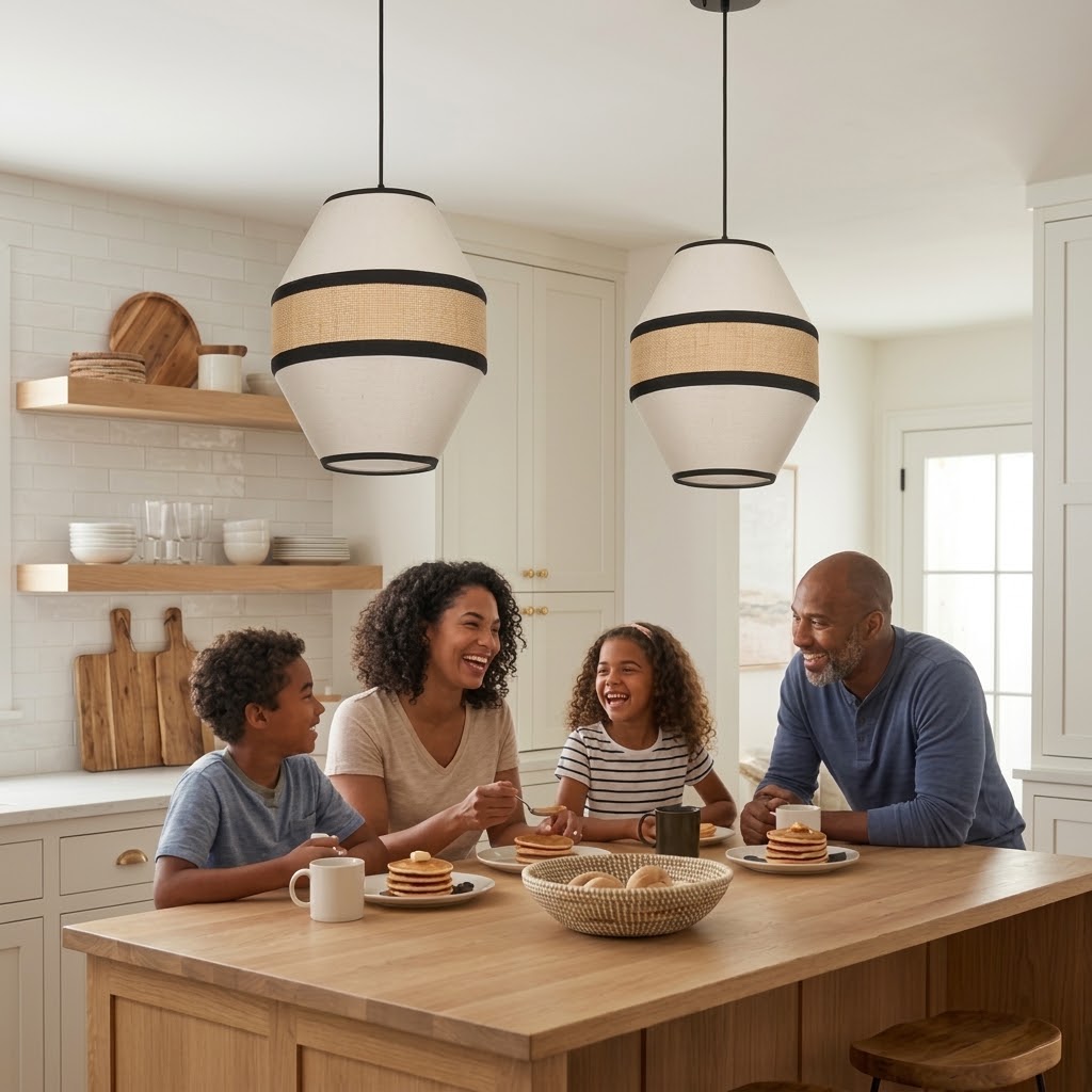 Japandi Linen Pendant Light - Modern Woven Rattan Drum Chandelier