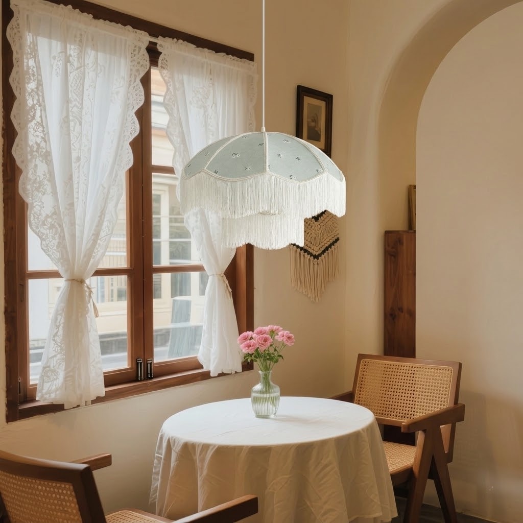 Vintage Floral Fabric Pendant Light with Layered Fringe