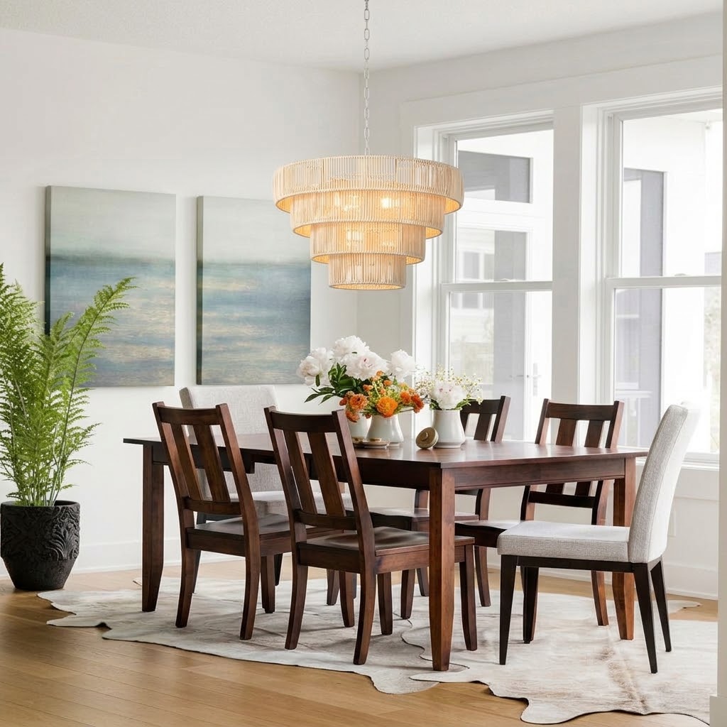 Natural Woven Rattan Tiered Pendant Light for Dining Room