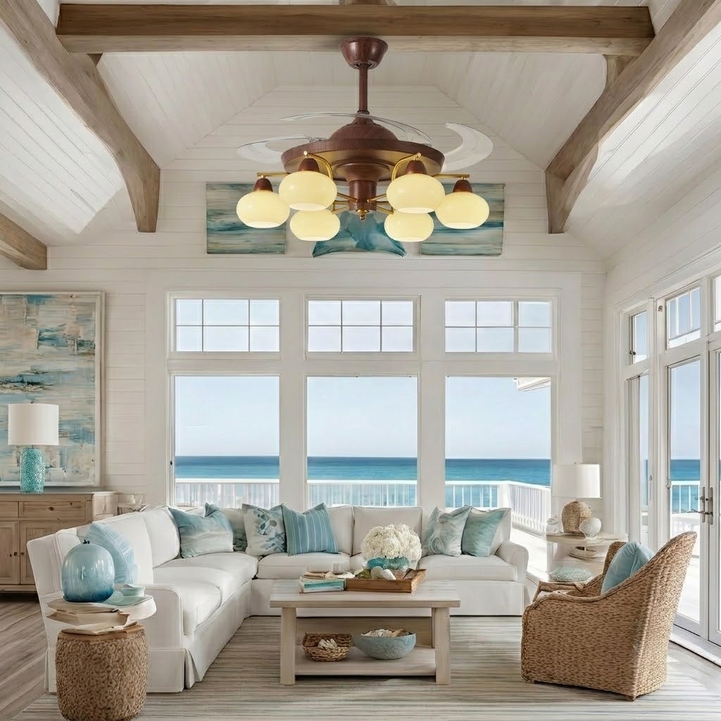 Mid-Century Walnut Retractable Ceiling Fan with Lights for Living Room