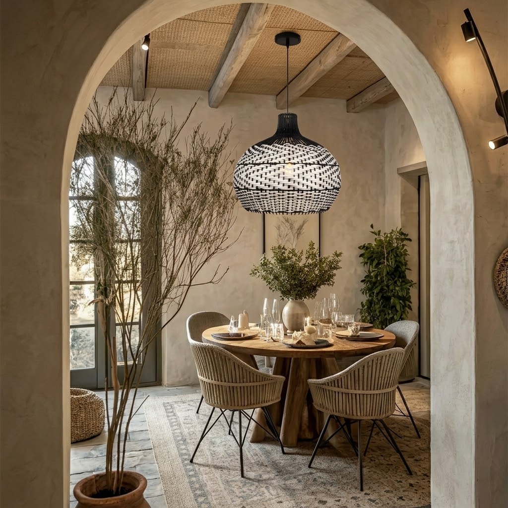 Black & White Woven Rattan Pendant Light – Boho Dome Lighting for Kitchen & Dining