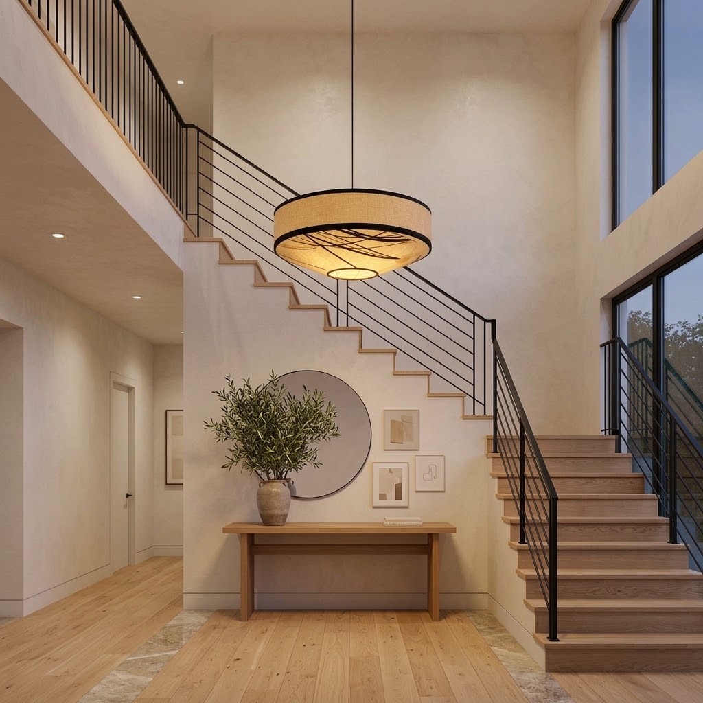 Japandi Fabric Drum Pendant Light Modern Linen Chandelier
