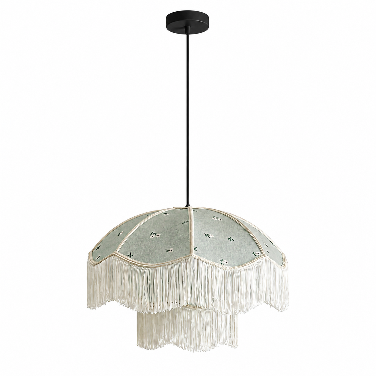 Vintage Floral Fabric Pendant Light with Layered Fringe