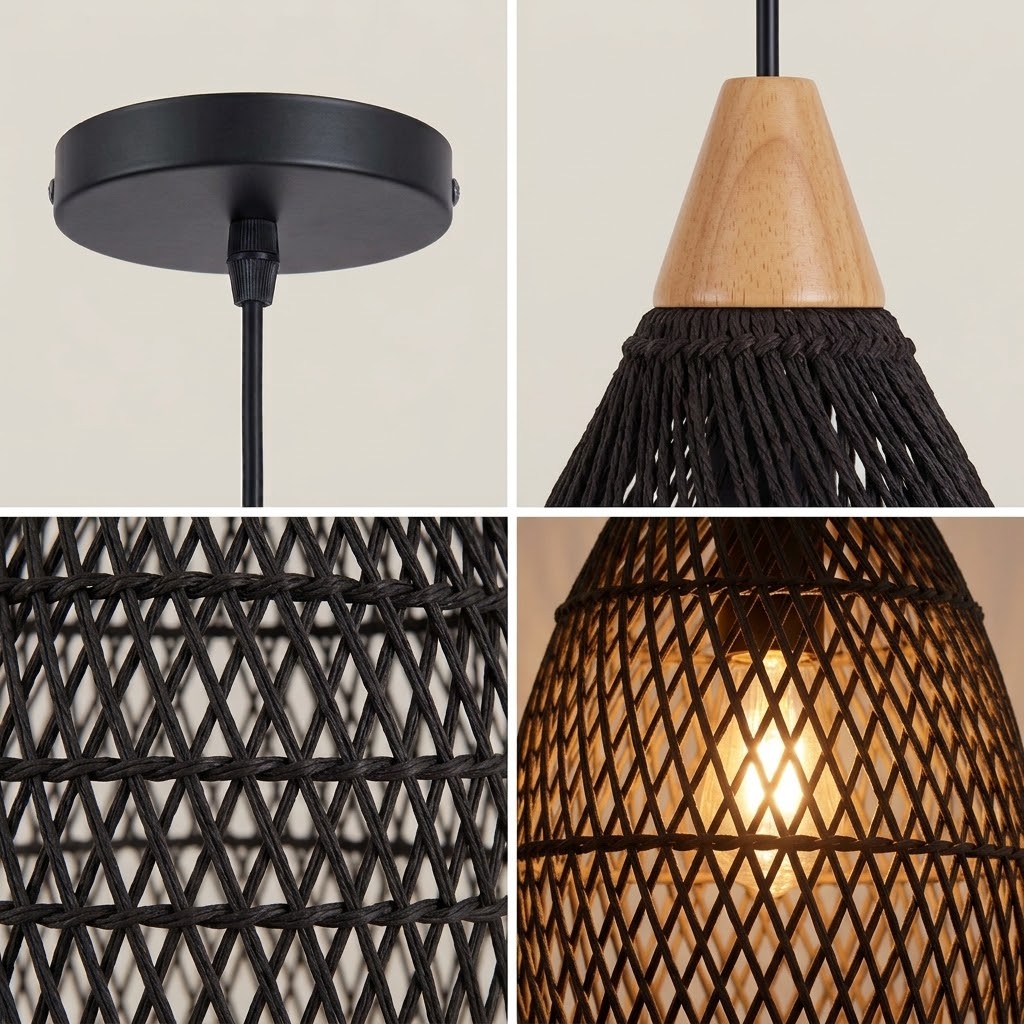 Wicker Rattan Pendant Light, Teardrop Hanging Light for Dining Room & Living Room