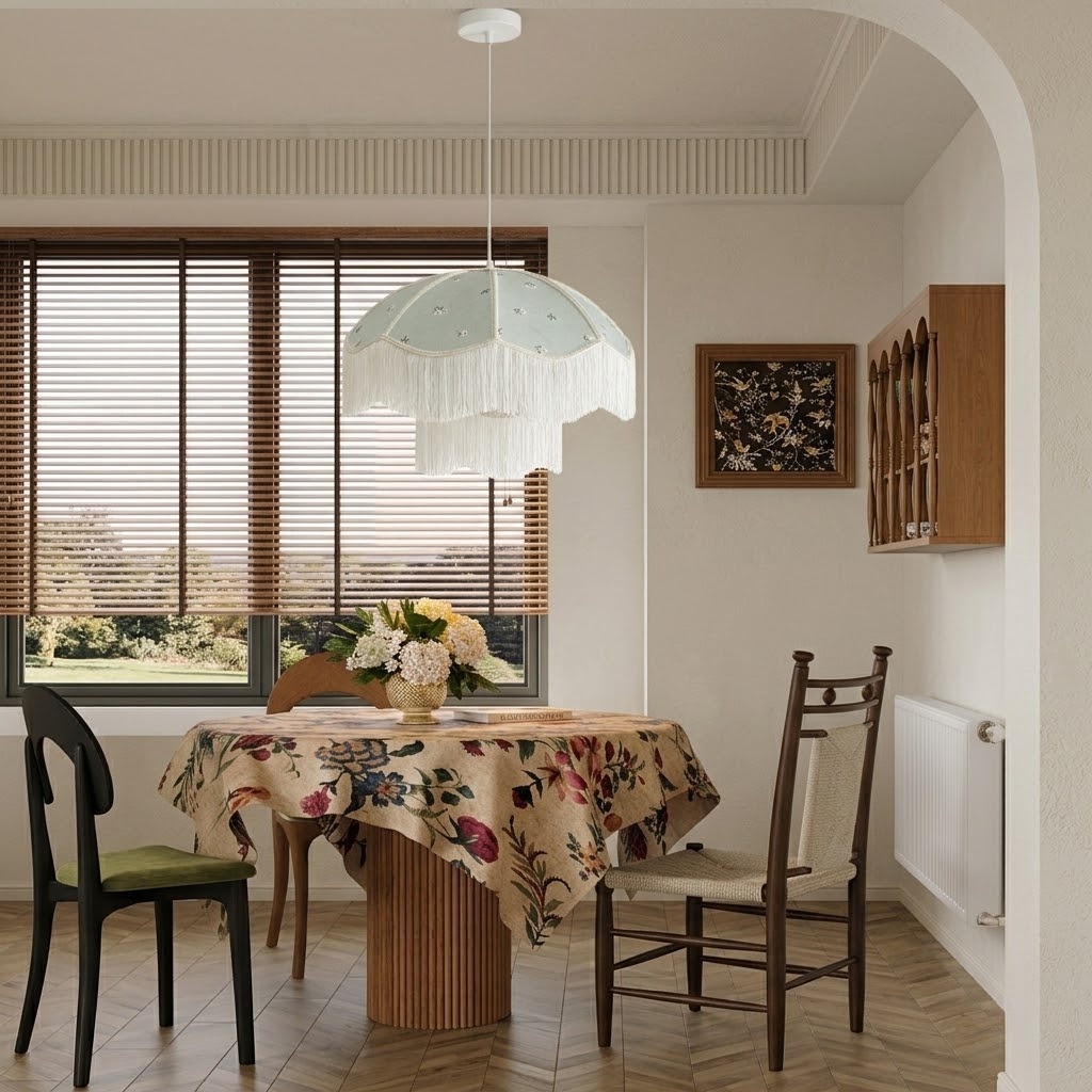 Vintage Floral Fabric Pendant Light with Layered Fringe