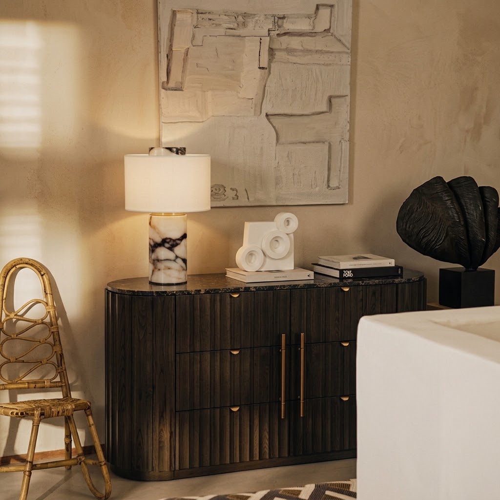 Modern Stone Base Table Lamp with White Fabric Shade for Bedroom