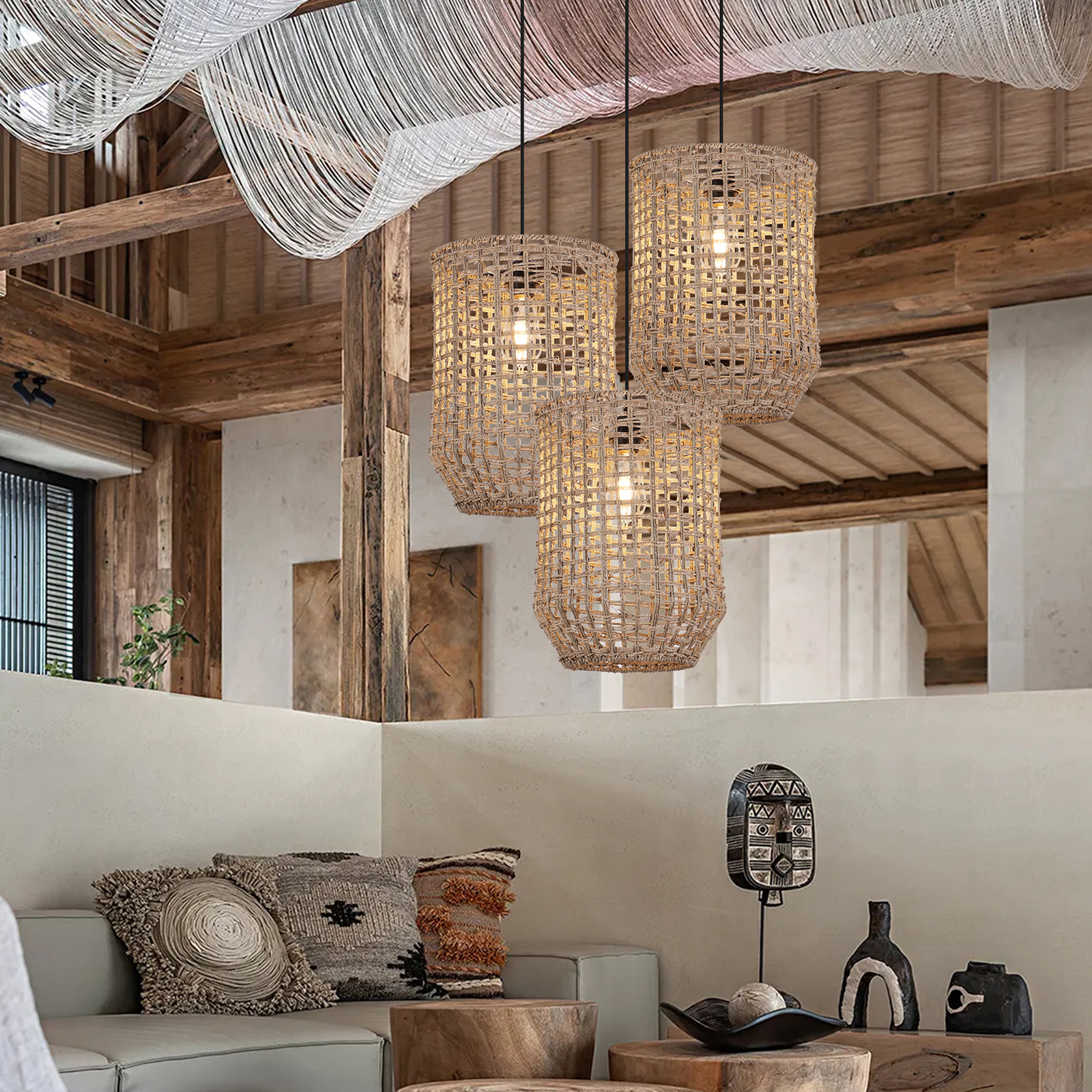 Retro Handmade Rattan Pendant Light for Kitchen Island