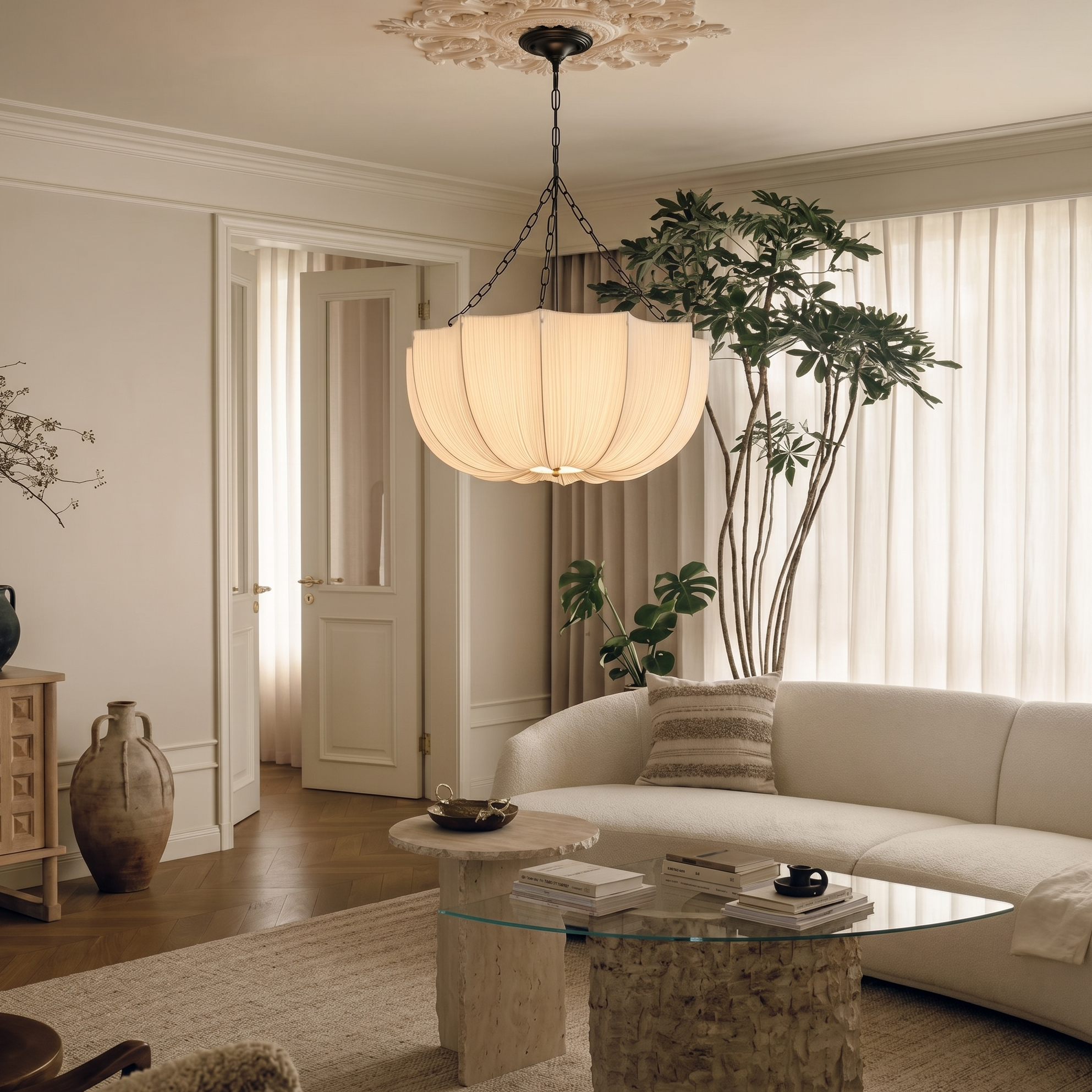French-style Fabric Pendant Light,Elegant Minimalist Lighting for Living Room and Dining Room