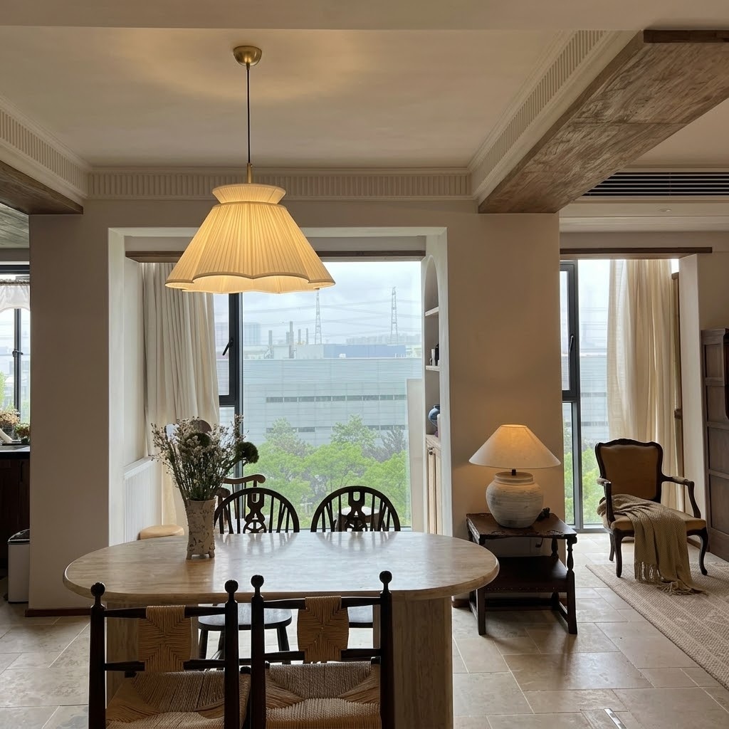 Modern Ivory Pleated Fabric Pendant Light for Dining Room