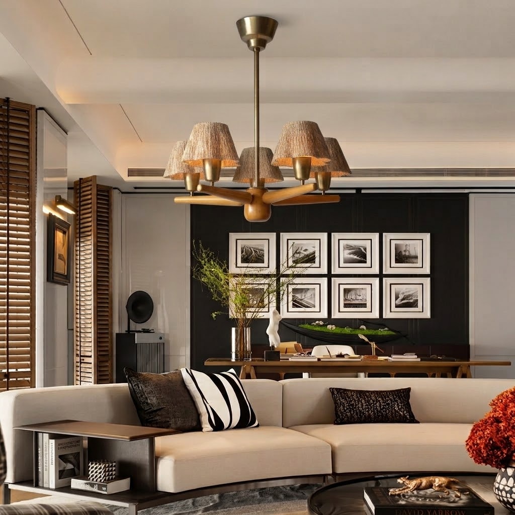 Mid-Century Solid Wood Fabric Chandelier for Dining Room & Bedroom