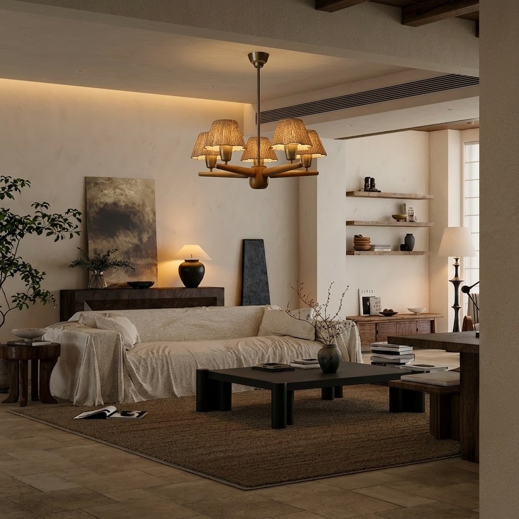 Mid-Century Solid Wood Fabric Chandelier for Dining Room & Bedroom