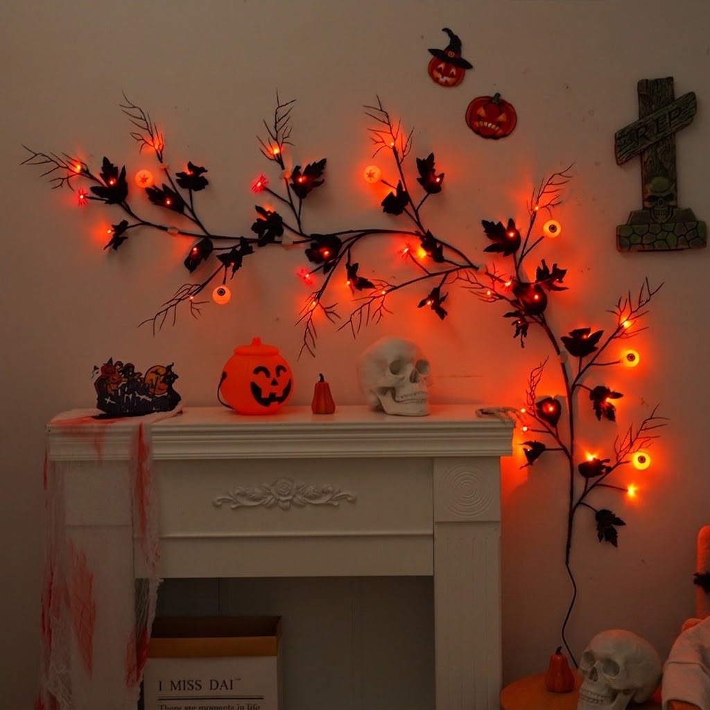 🕷️ Halloween Coral Branch String Lights with Black Maple Leaves
