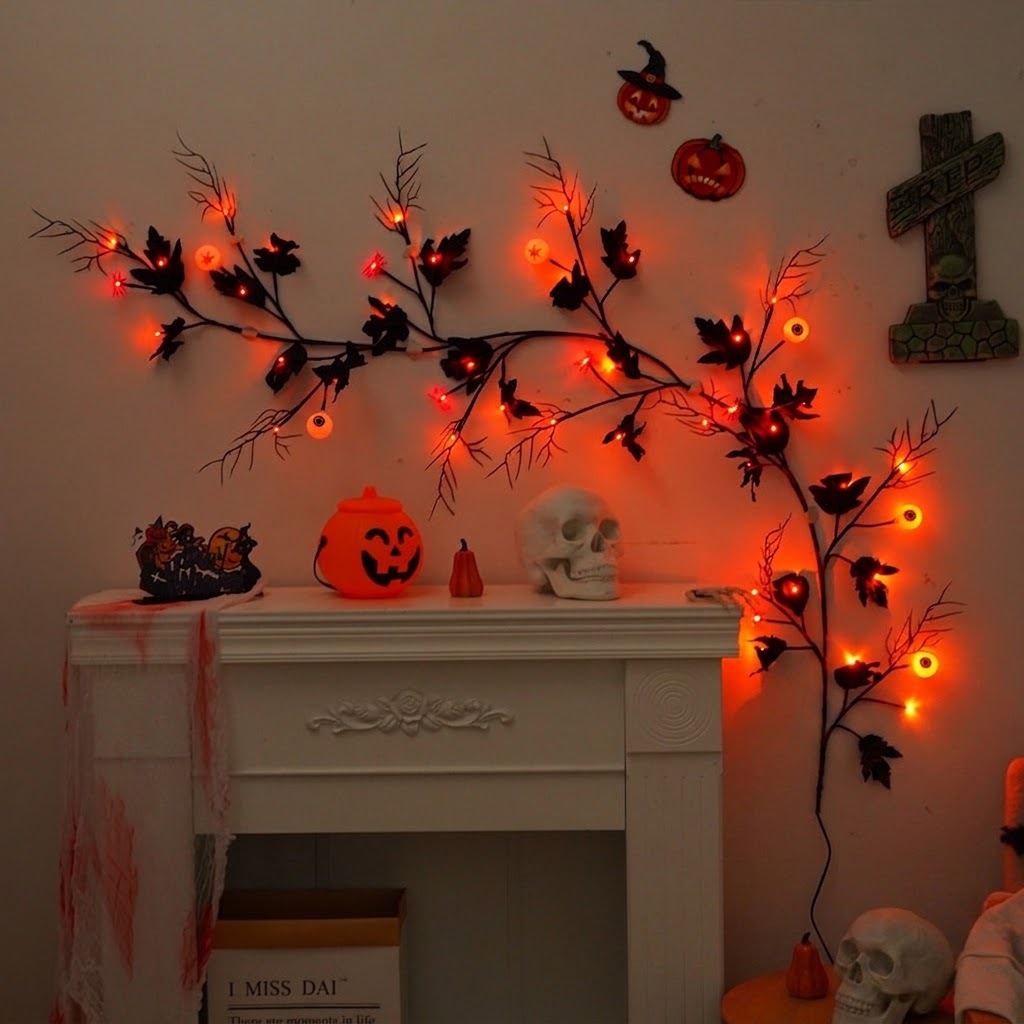 🕷️ Halloween Coral Branch String Lights with Black Maple Leaves