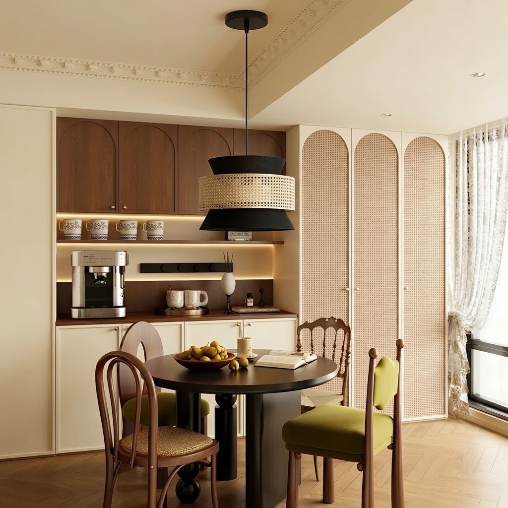 Modern Boho Black Fabric and Rattan Tiered Pendant Light for Dining Room
