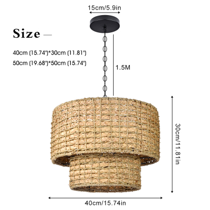 Double layer Natural Rattan Shade Traditional Drum Hanging Pendant Light-labpiecesign