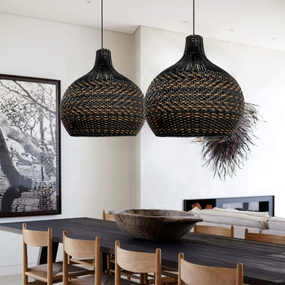 Black Pattern Basket Lampshade Vintage Rattan Pendant Light-labpiecesign