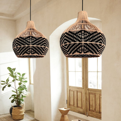 Black Pattern Lampshade Vintage Rattan Pendant Light-labpiecesign