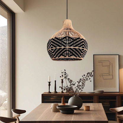 Black Pattern Lampshade Vintage Rattan Pendant Light