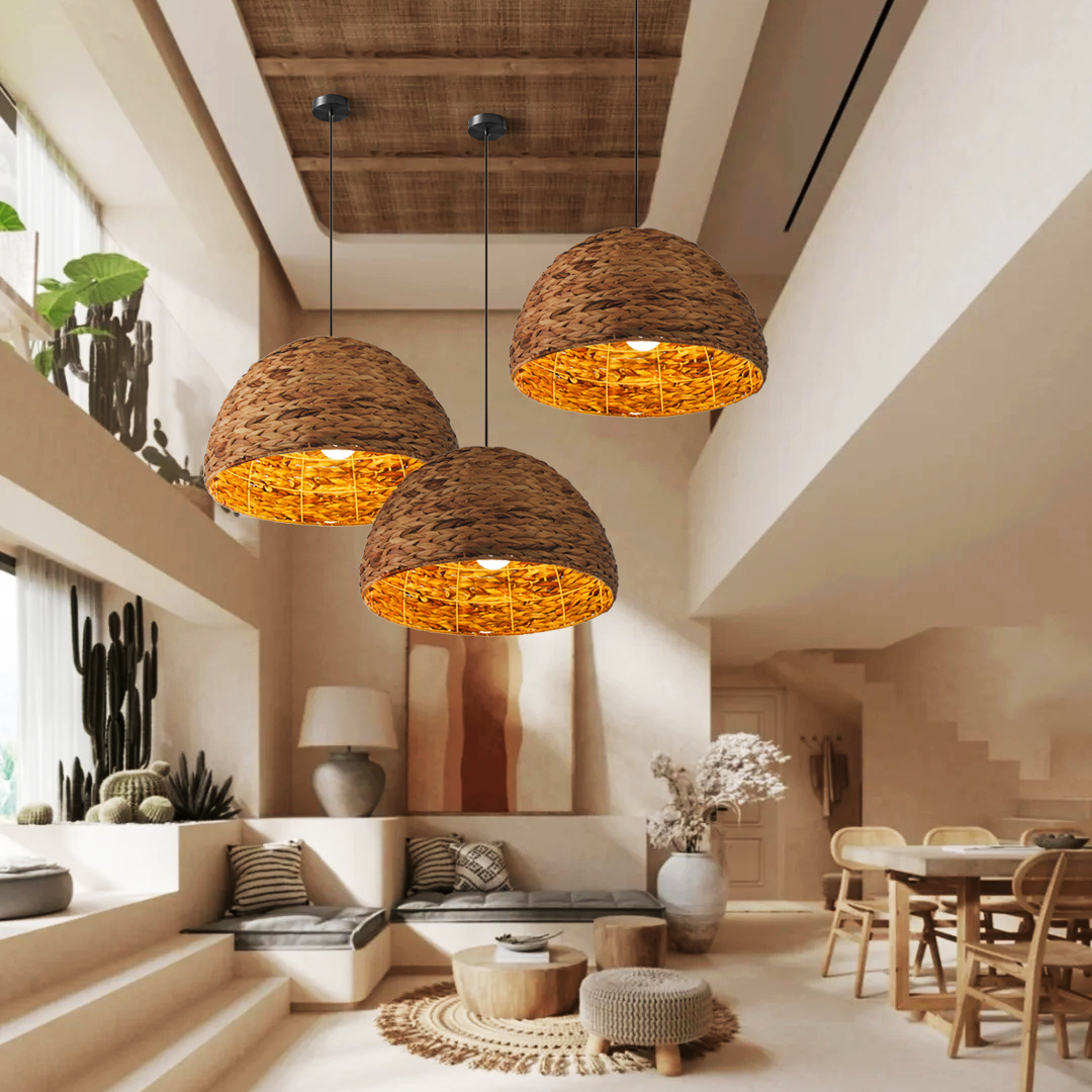 Natural Basket Seagrass Semi-circular Hand Woven Rattan Pendant Lights