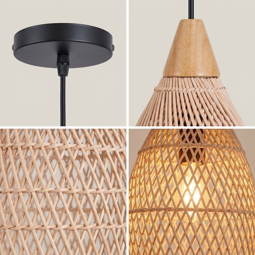Wicker Rattan Pendant Light, Teardrop Hanging Light for Dining Room & Living Room