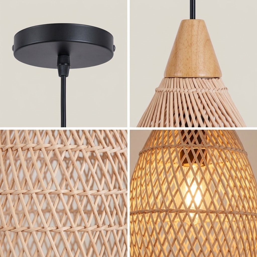 Wicker Rattan Pendant Light, Teardrop Hanging Light for Dining Room & Living Room