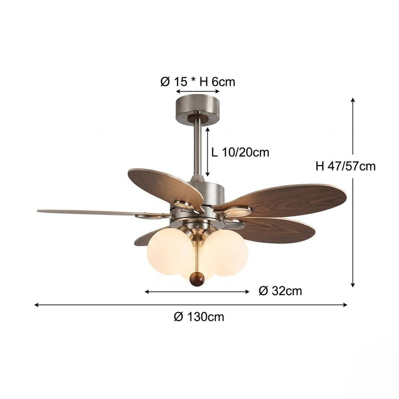 Mid-Century Walnut Ceiling Fan with Globe Lights for Living Room