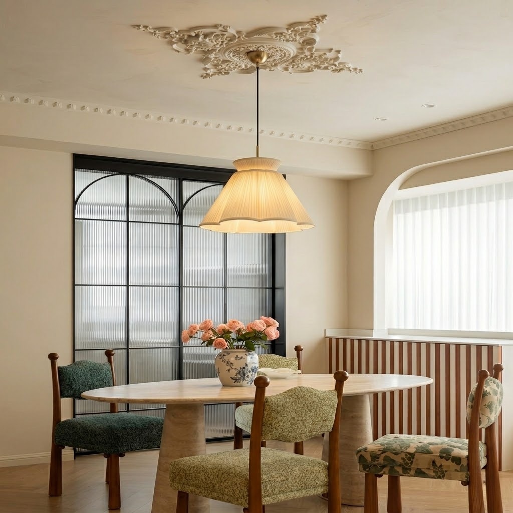 Modern Ivory Pleated Fabric Pendant Light for Dining Room