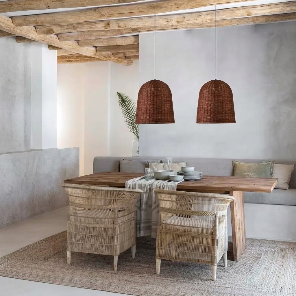 Handcrafted Brown Rattan Dome Pendant Light for Kitchen Island