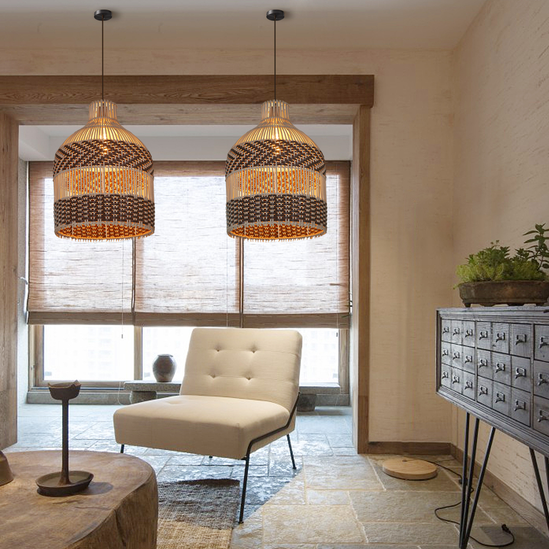 Boho Stripes Hand-woven Lampshade Elegant Rattan Pendant Light-labpiecesign