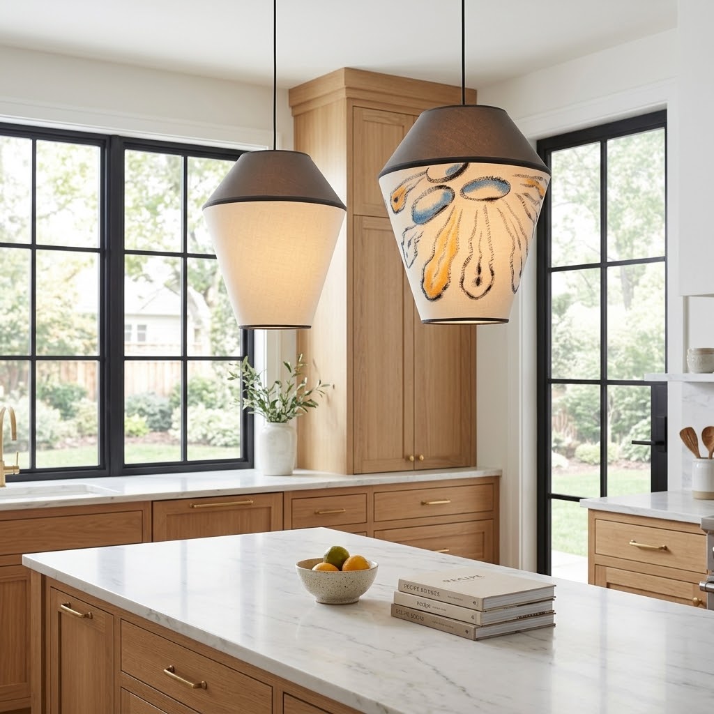 Modern Organic Two-Tone Fabric Pendant Light – Printed & Solid Shade