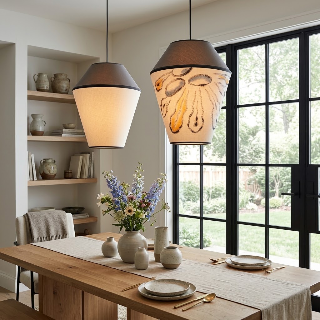 Modern Organic Two-Tone Fabric Pendant Light – Printed & Solid Shade