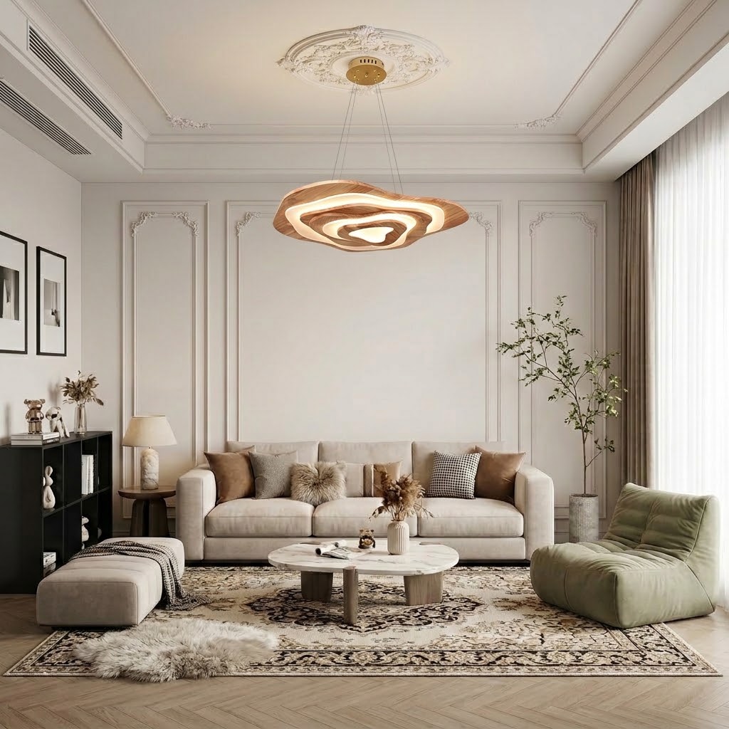 Modern Sculptural Wood LED Pendant Light for Dining Room