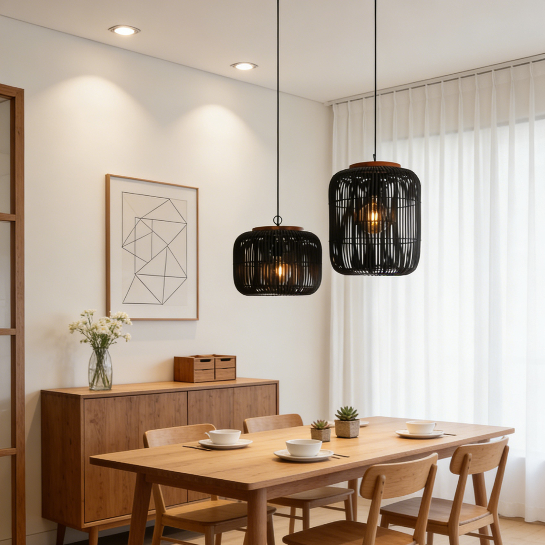 Black Vintage Rattan Pendant Light for Kitchen Island