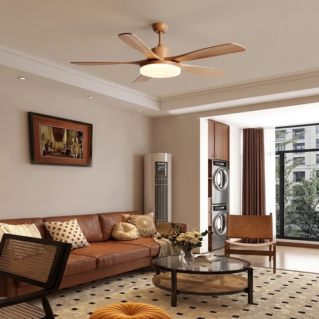 Modern Natural Wood Ceiling Fan Light with LED for Living Room