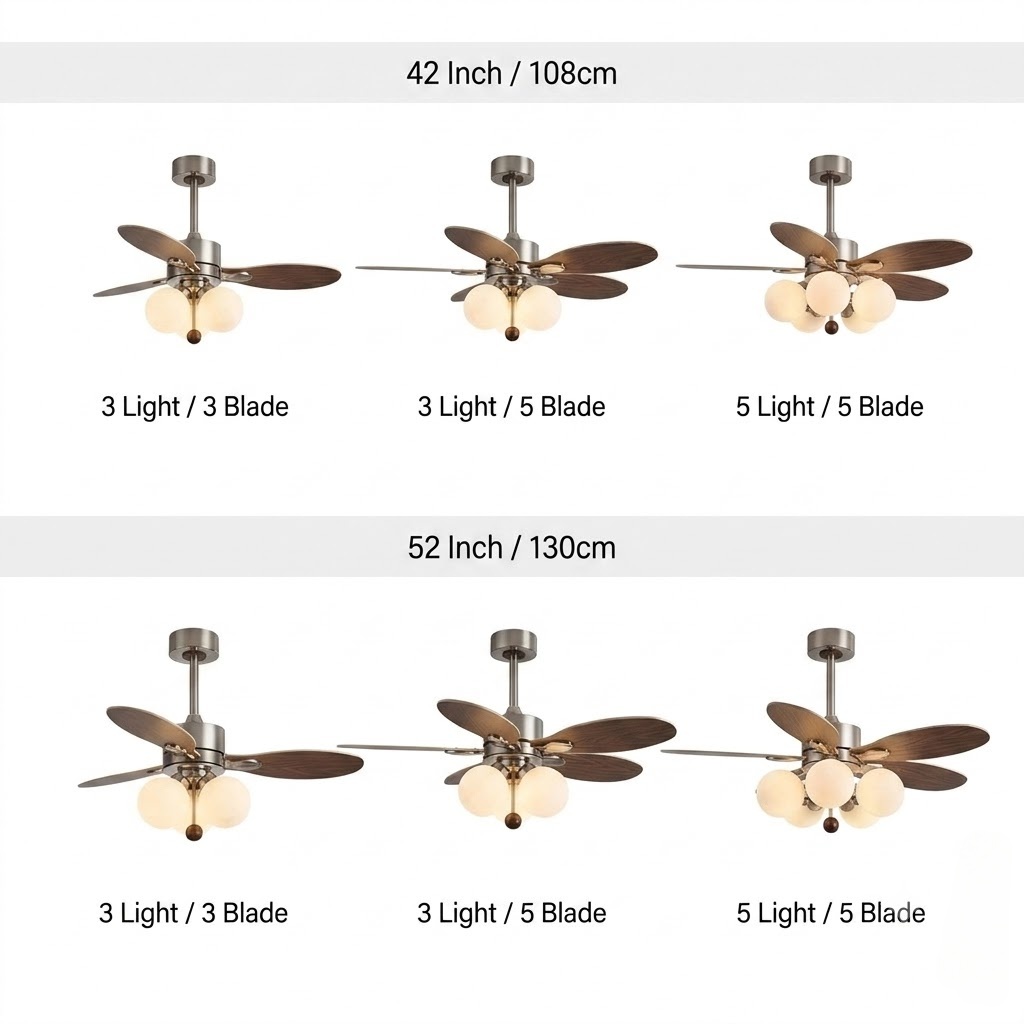 Mid-Century Walnut Ceiling Fan with Globe Lights for Living Room