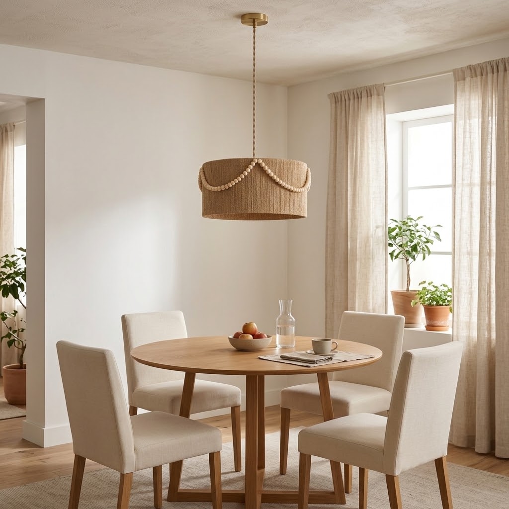 Boho Woven Jute Pendant Light with Wood Bead Garland - Coastal Drum Chandelier