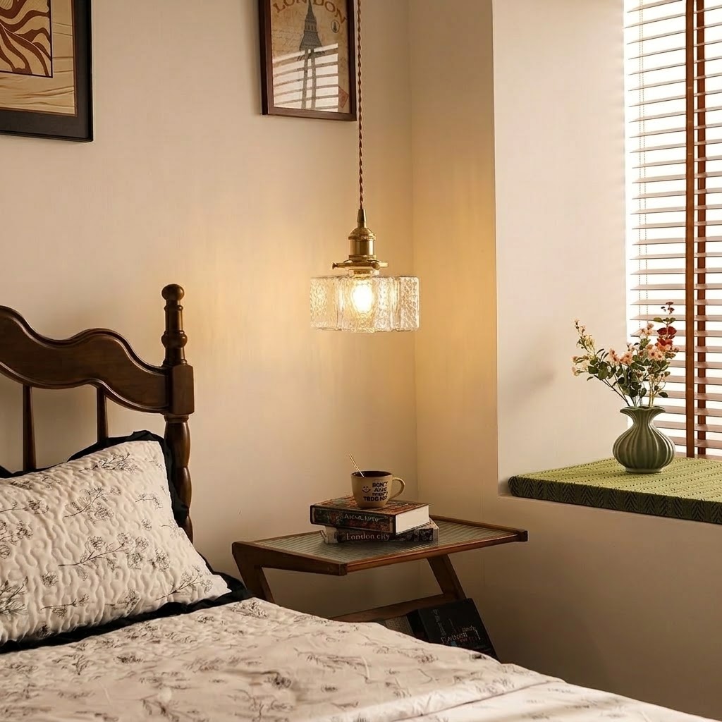Modern Handblown Glass Pendant Light - Vintage Brass Square Hanging Lamp