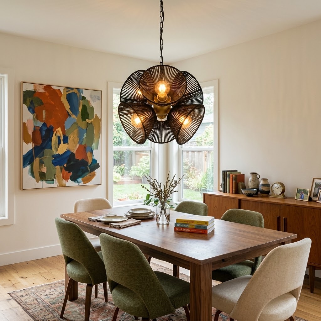 Boho Woven Rattan Flower Pendant Light for Dining Room & Kitchen Island