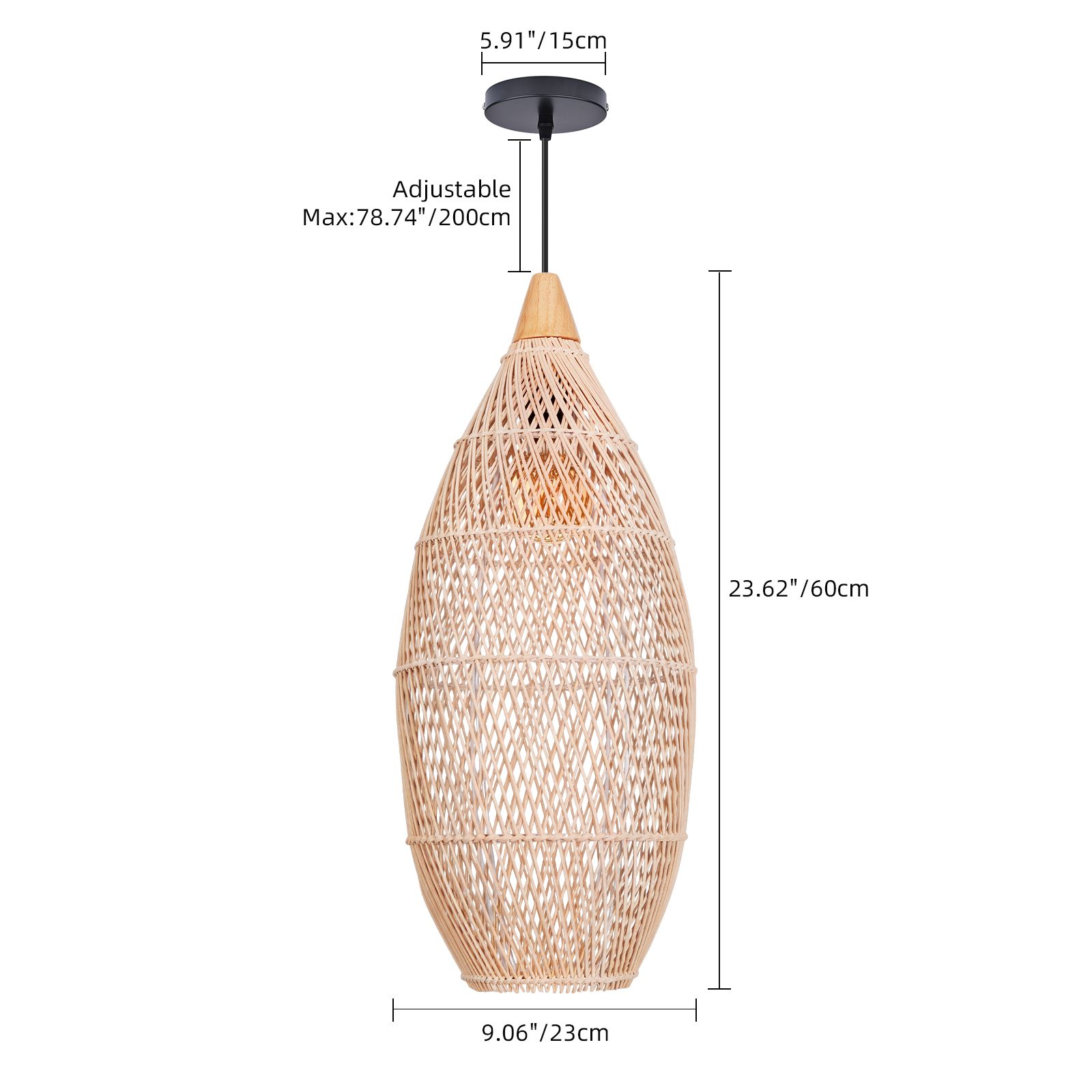 Wicker Rattan Pendant Light, Teardrop Hanging Light for Dining Room & Living Room