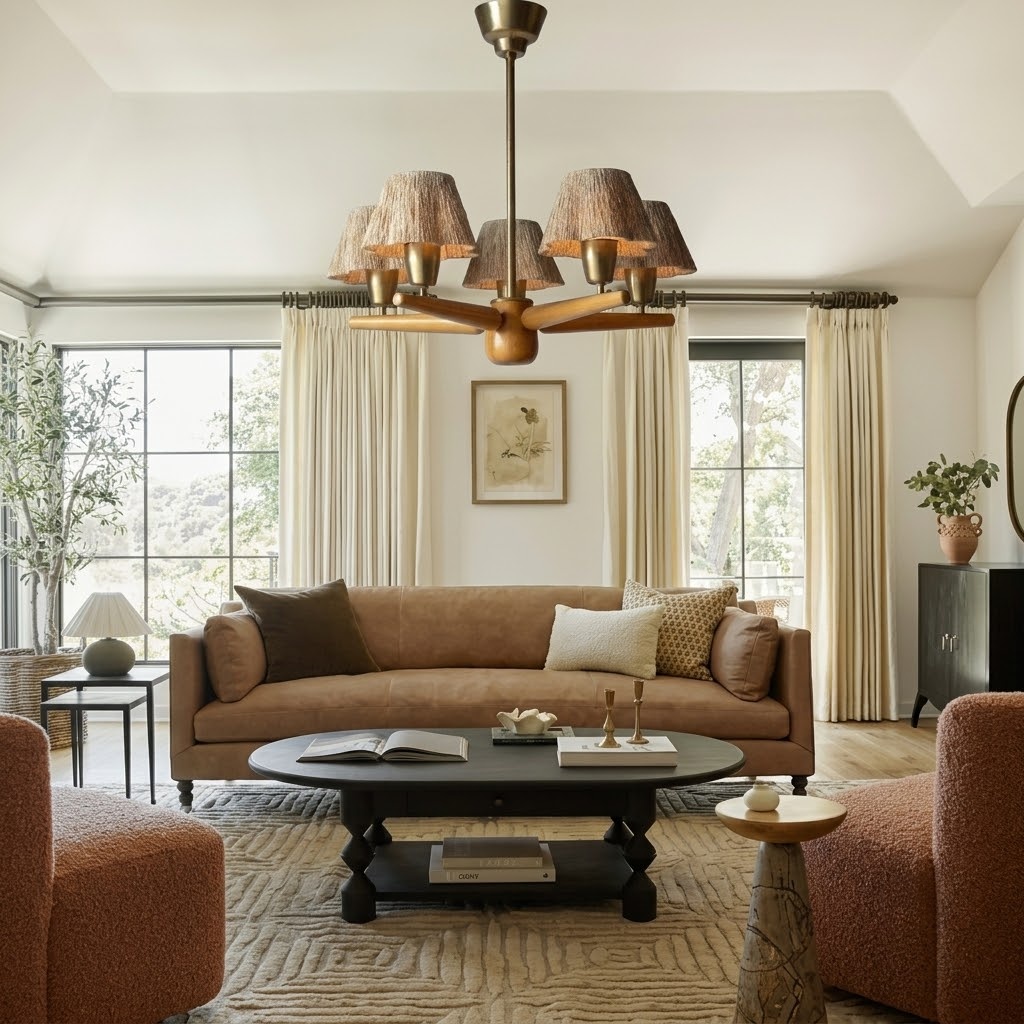 Mid-Century Solid Wood Fabric Chandelier for Dining Room & Bedroom