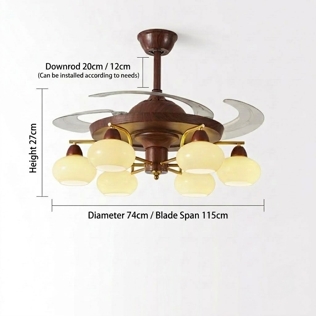Mid-Century Walnut Retractable Ceiling Fan with Lights for Living Room