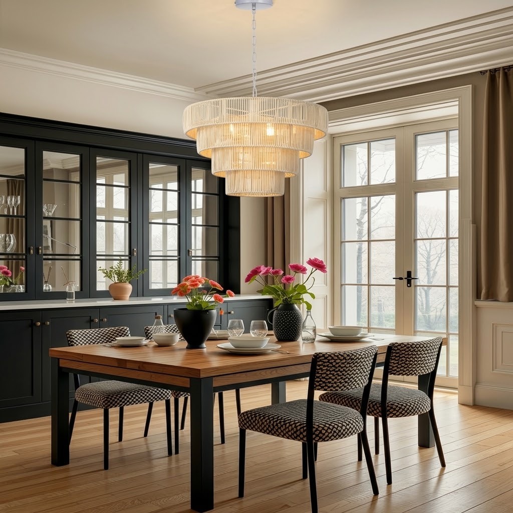 Natural Woven Rattan Tiered Pendant Light for Dining Room