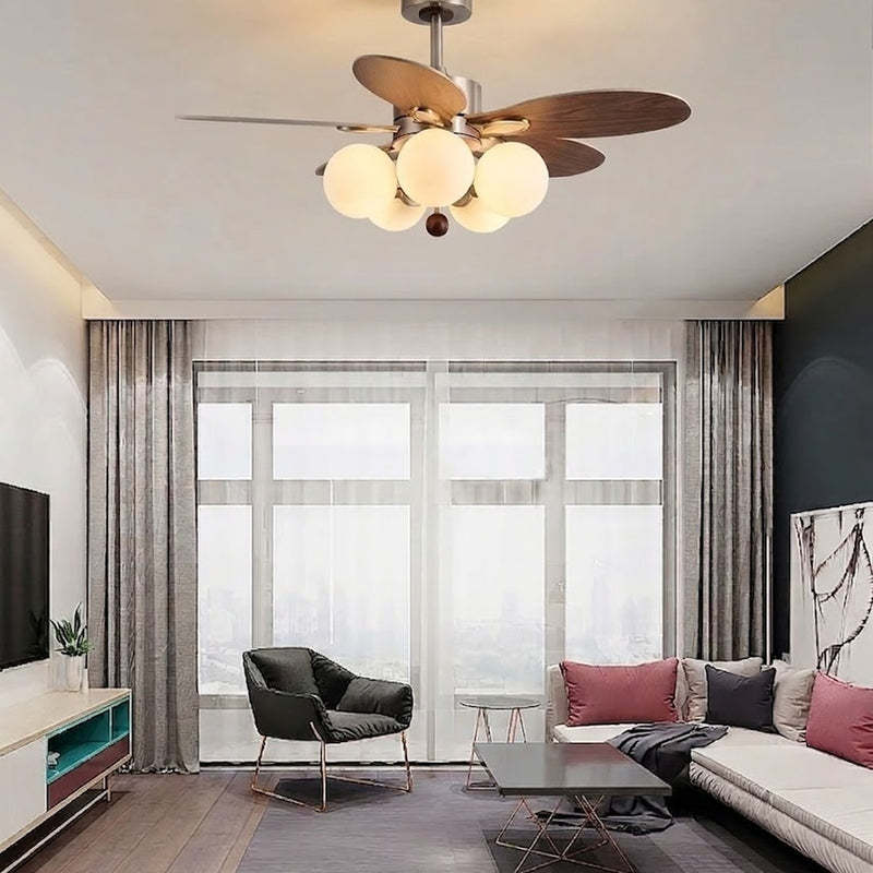 Mid-Century Walnut Ceiling Fan with Globe Lights for Living Room