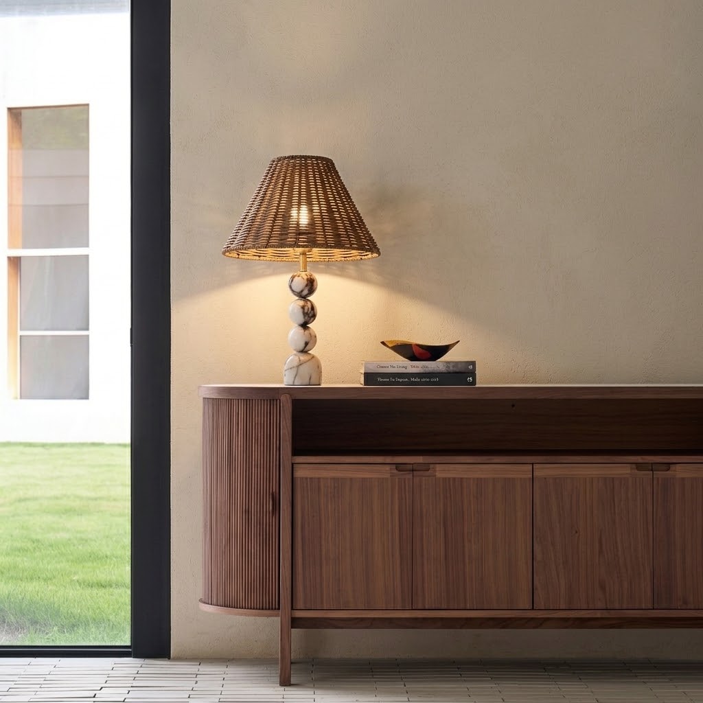 Organic Modern Rattan Table Lamp with Marble-Effect Base for Living Room