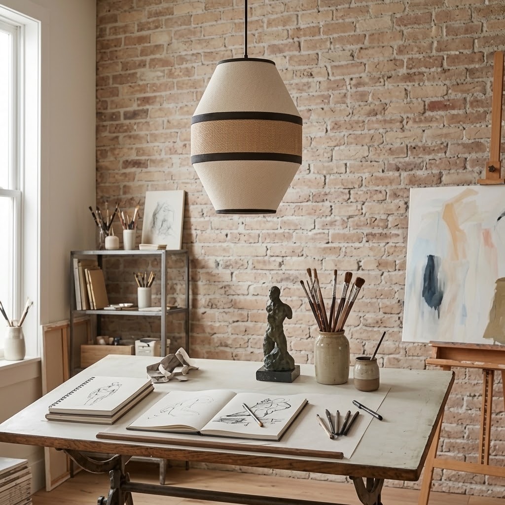 Japandi Linen Pendant Light - Modern Woven Rattan Drum Chandelier