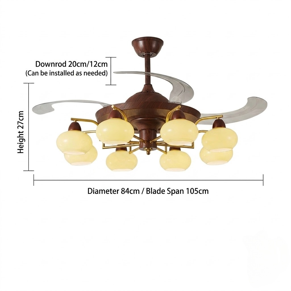 Mid-Century Walnut Retractable Ceiling Fan with Lights for Living Room