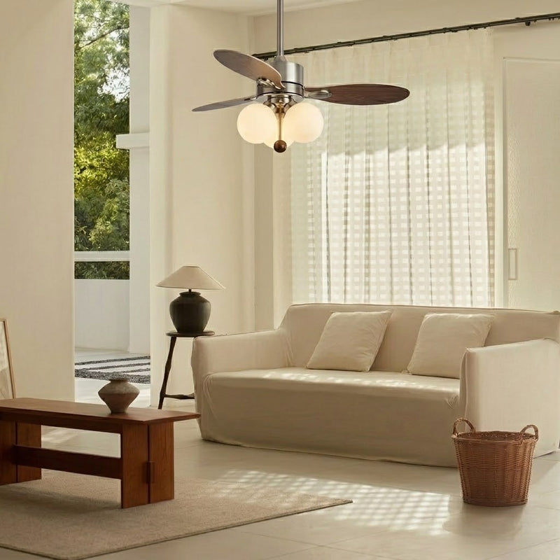 Mid-Century Walnut Ceiling Fan with Globe Lights for Living Room