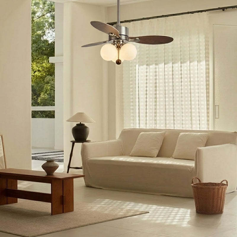 Mid-Century Walnut Ceiling Fan with Globe Lights for Living Room